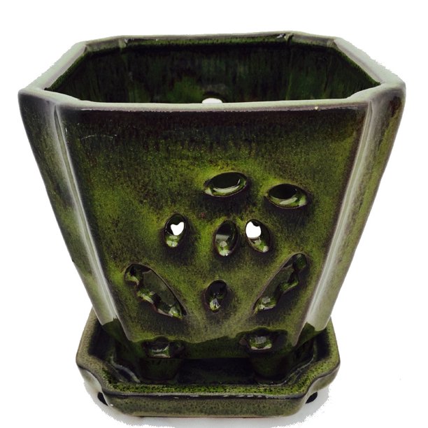 Square Ceramic Orchid Pot/Saucer + Felt Feet 5" x 5 1/8" Tropical