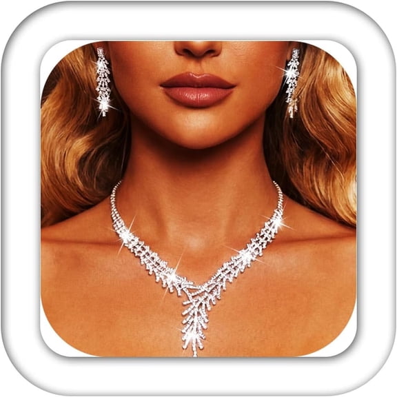 DESIGNICE Silver Wedding Jewelry Set Rhinestone Necklace Sets Prom Costume Jewelry for Women and Brides