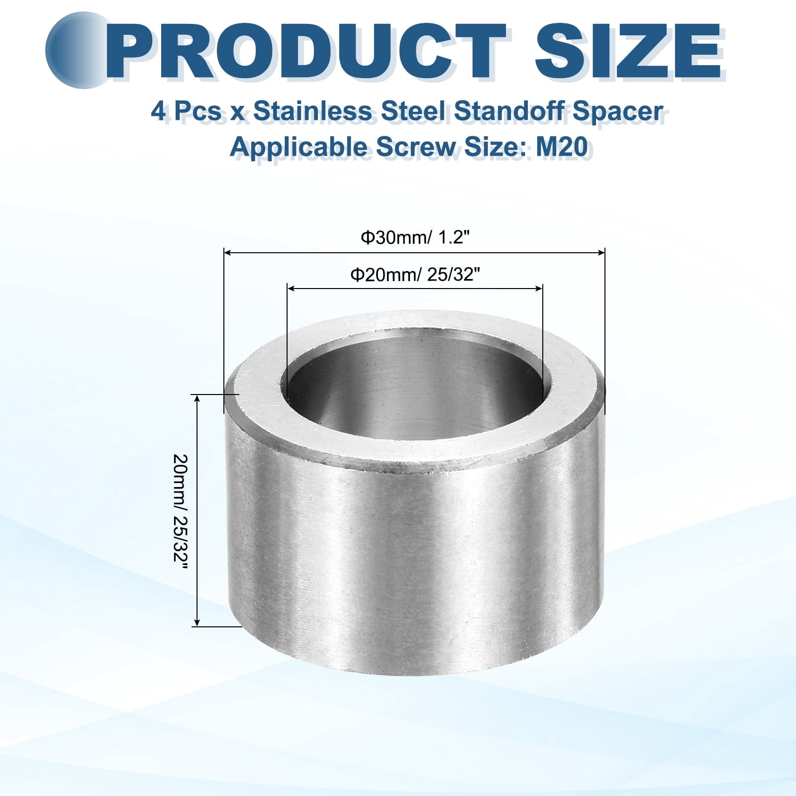 Uxcell 4pcs M20 Metal Spacers, M20 IDx30mm ODx20mm Length Stainless Steel Spacer Round Unthreaded Standoff Bushing Plain Finish for Screw Bolts, Silver 20x30x20mm