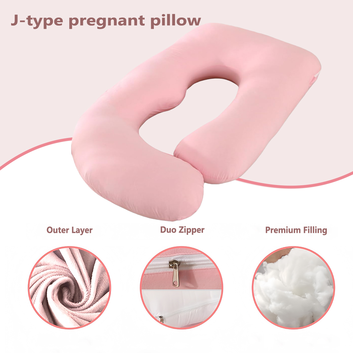 J-shaped full-length pregnancy pillow (1 pack)-ergonomic pregnancy pillow, used for back and abdomen support, filled with soft polyester fiber, with washable gray coat, pink.