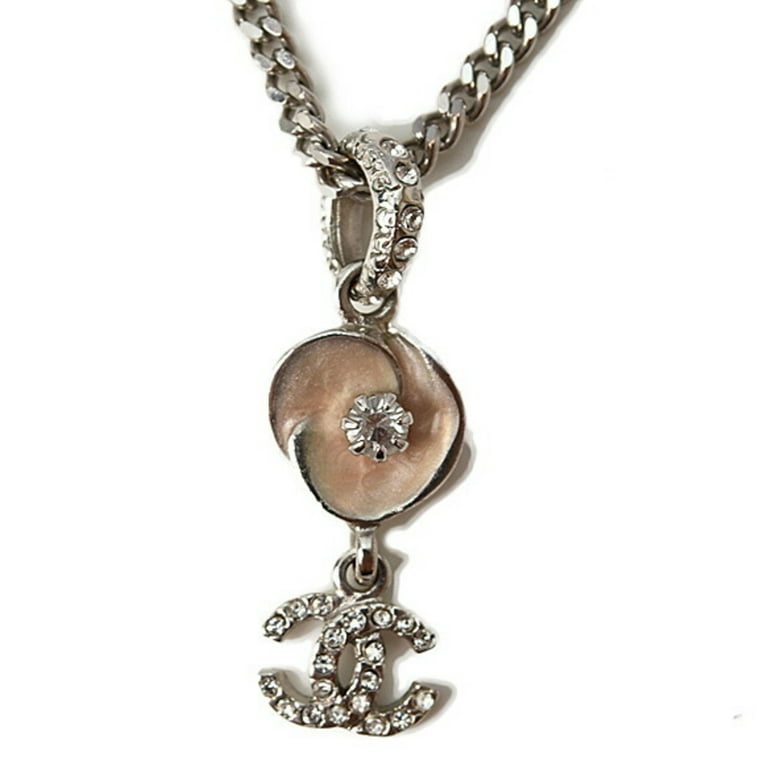 Authenticated Used Chanel necklace/pendant CHANEL camellia motif/coco mark/ CC rhinestone silver 