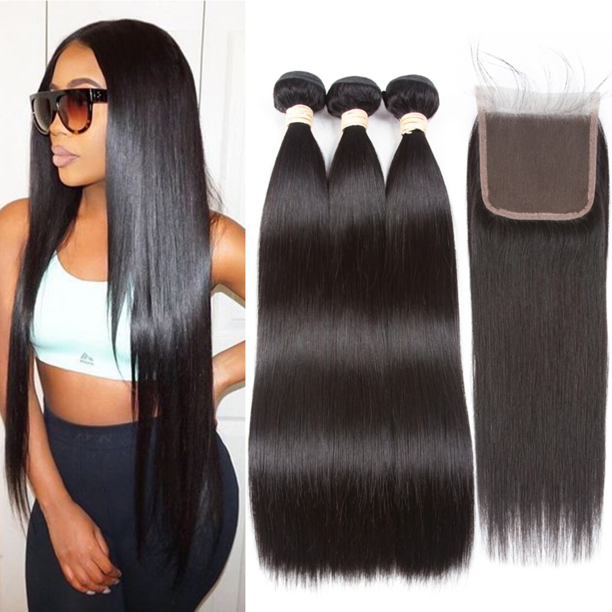 Beauhair 10A Brazillian Straight Human Hair 3 Bundles With Closure 4×4 Human  Hair Extensions with Closure Natural Color 26
