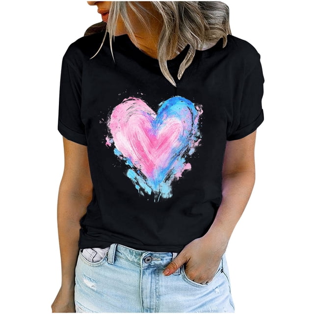 Diufon Hauts de la Saint-Valentin pour Femmes Décontracté Tendance Manches Courtes Col Rond Chemisier Imprimé Graphique Mignon