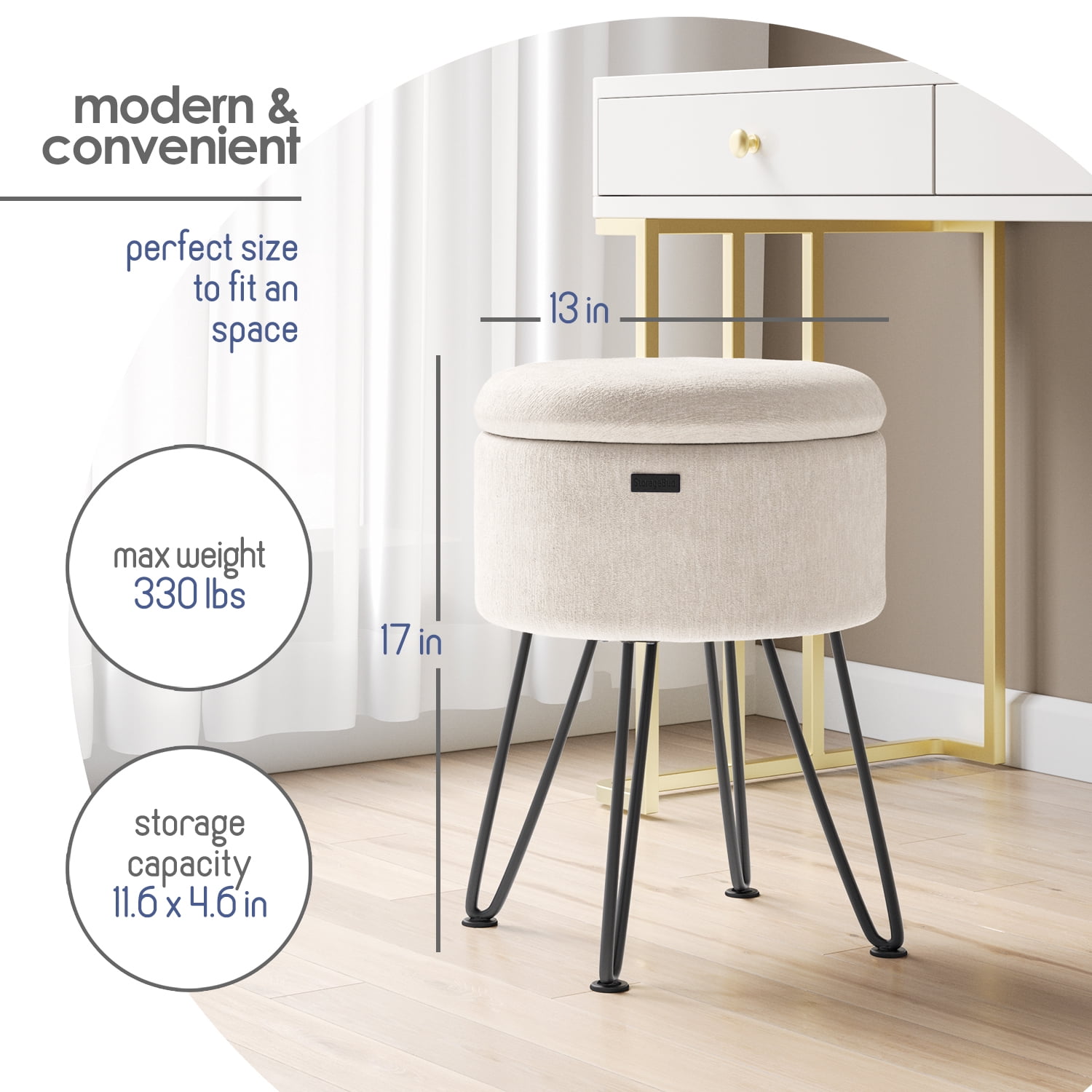 LammaLoe Small Round Ottoman with Storage, Textured Velvet Ottoman Foot Stool with Lid, Upholstered Vanity Stool for Living Room & Bedroom, Cream