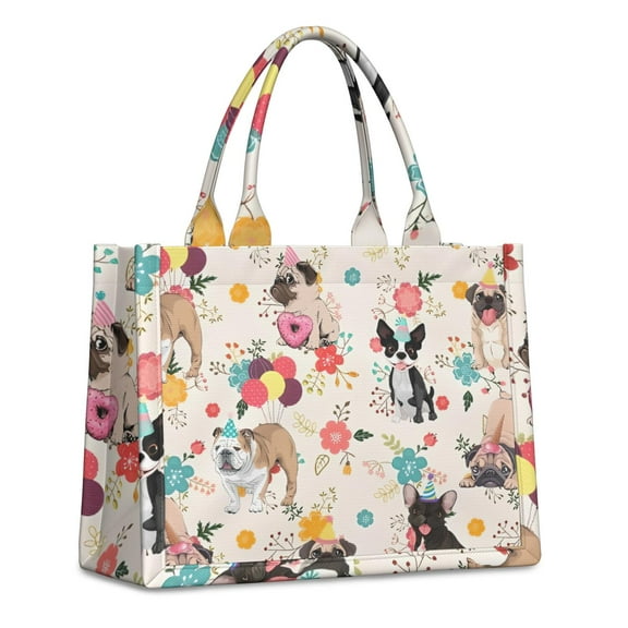 Large Capacity Tote Bag,Dogs with Party Hats and Flowers Handbag Fashion Luxury Tote Bag,15.7"x13"x 5.1" Inches,Laptop Compatible