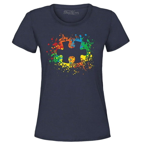 Shop4Ever Women's Autism Awareness Splatter Paint Puzzle Piece Graphic T-Shirt X-Large Navy
