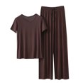 thumbnail image 3 of Sentmoon Ensemble de Pyjama 2 Pcs Robe de Nuit Col Rond Manches Courtes Ample Respirant Couleur Unie Robe de Sommeil pour Femmes Mode d'Été pour Se Détendre à la Maison Café TG, 3 of 4
