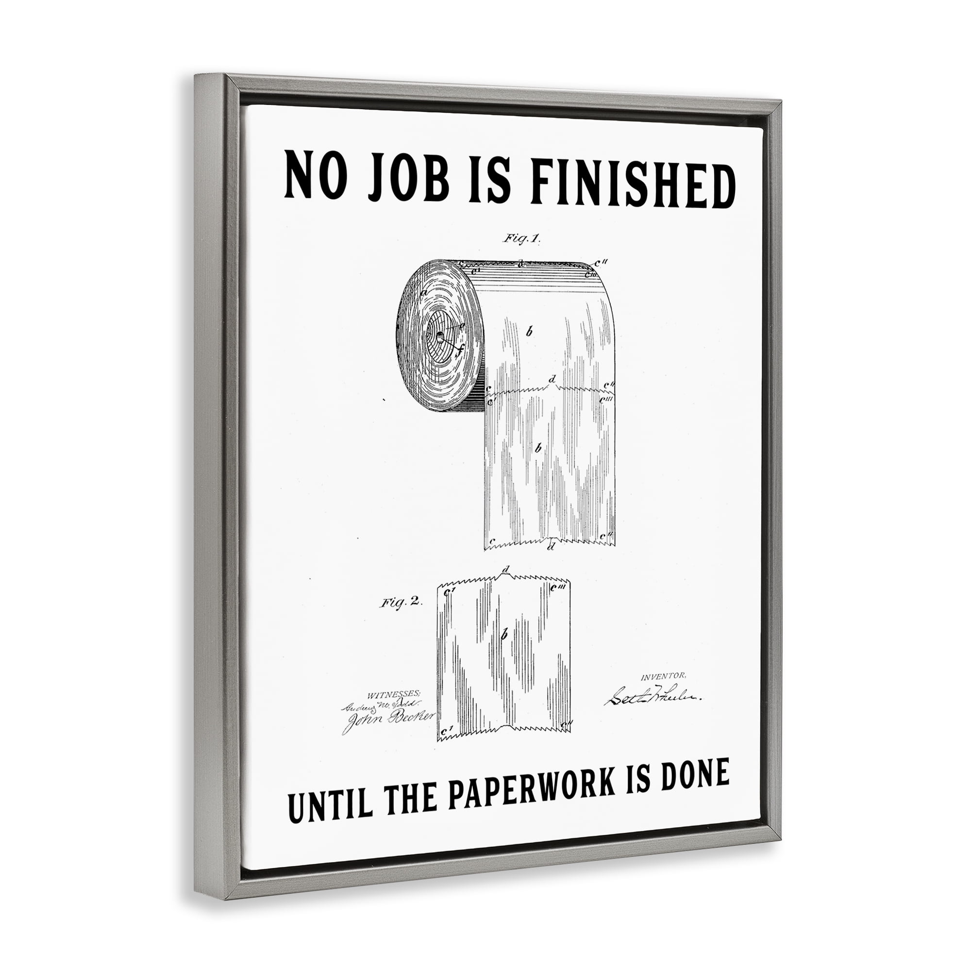 No Job Finished Toilet Paper Gray Framed Floater Canvas Wall Art, design by Lettered and Lined