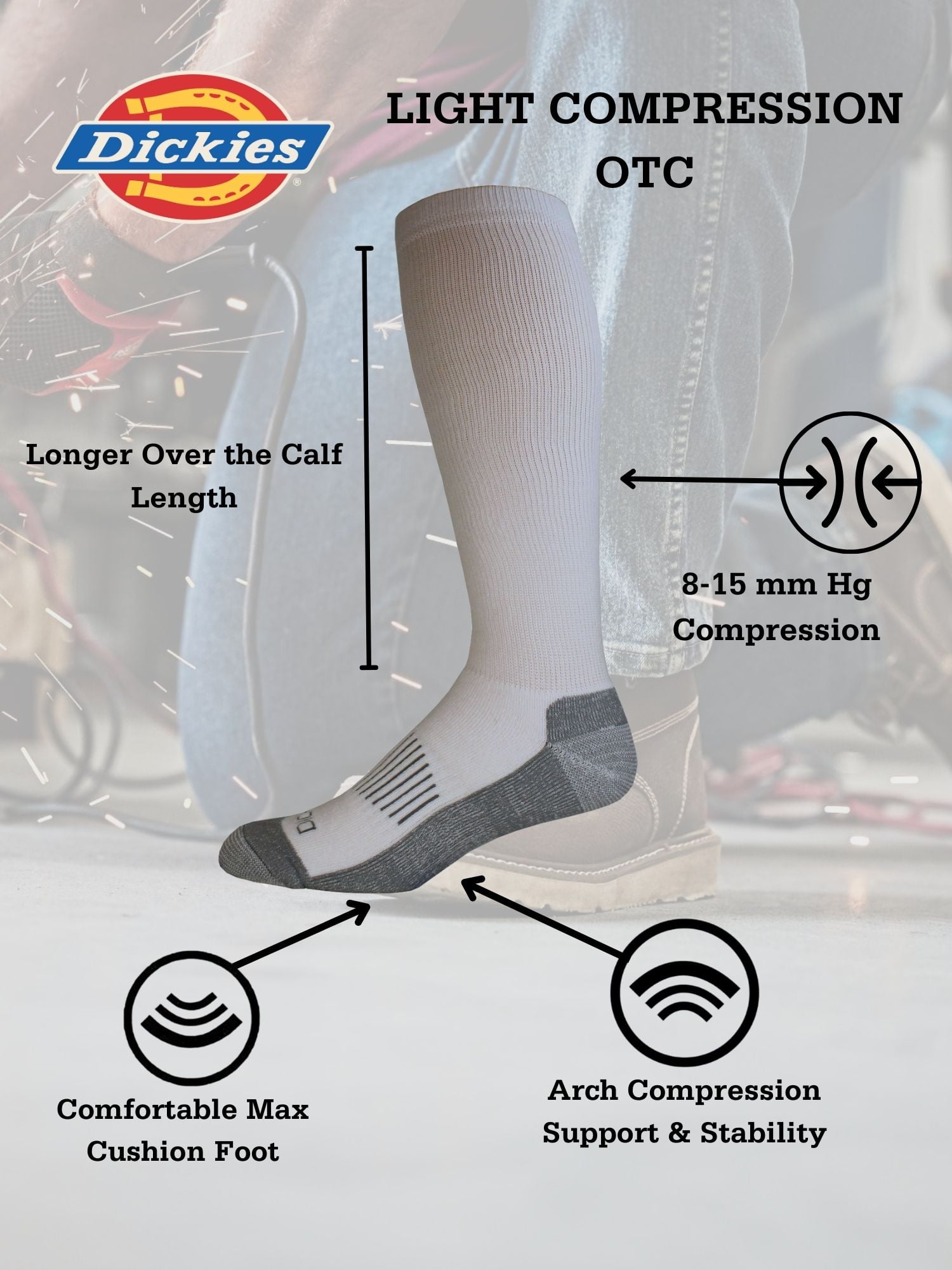 Dickies Performance OTC Compression Socks Mid-Calf, Athletic, White, 2 pack, Shoe Size 6-12