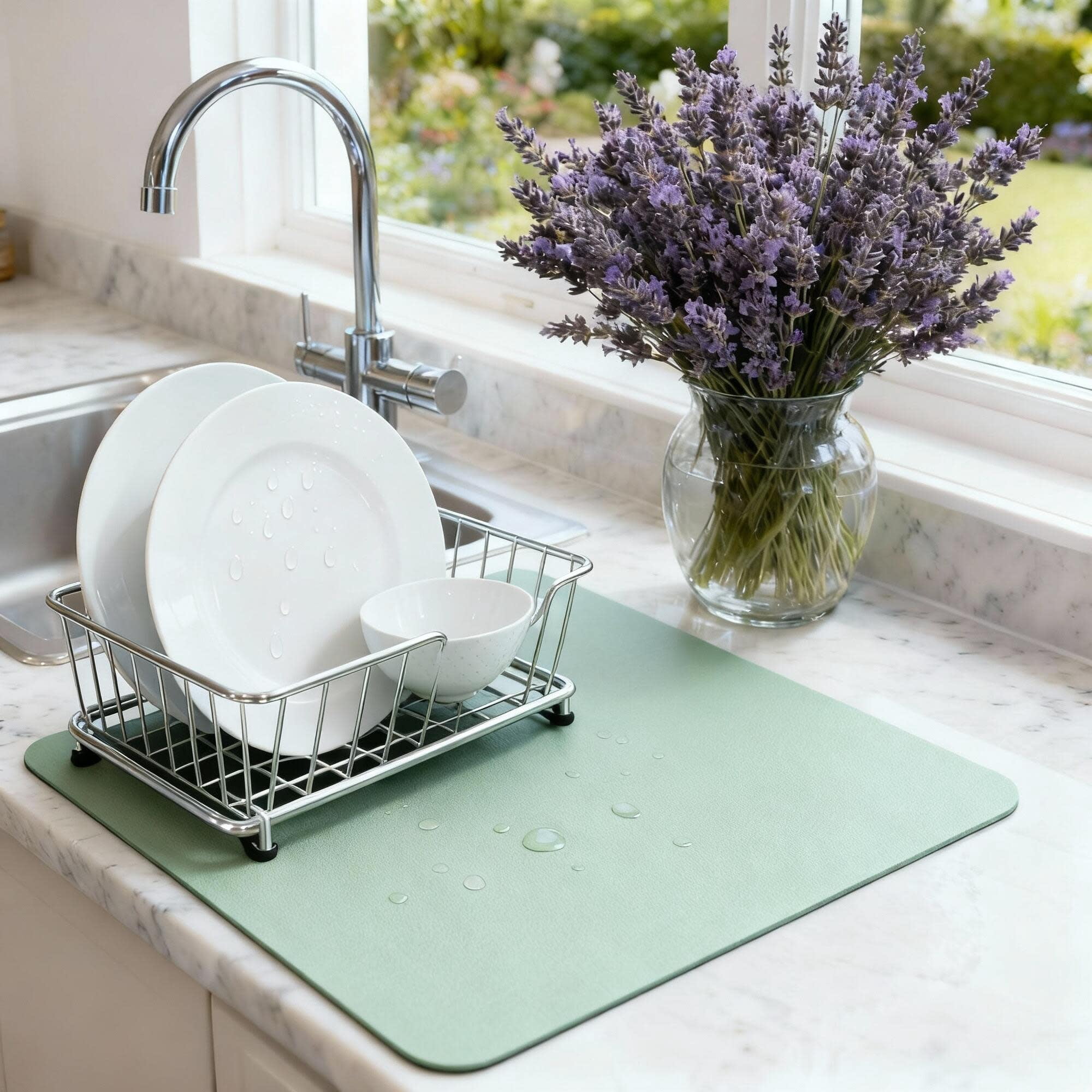 STRABELLA: Dish Drying Mat - 16x18", Sage - Super Water Absorbent, Quick Dry Foam, Multi-Purpose, Kitchen Countertops, Non-Slip, Machine Washable