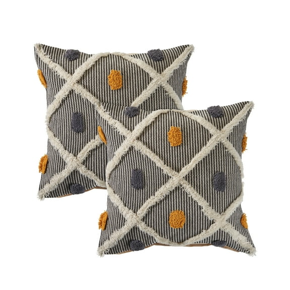 LR Home Lara Striped Transitional Cotton Throw Pillows, Black/Yellow, 20" x 20", Set of 2
