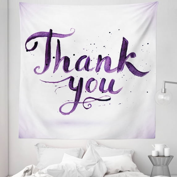 Thank You Tapestry, Spots Curvilinear Typography Appreciation Paintbrush Strokes, Fabric Wall Hanging Decor for Bedroom Living Room Dorm, 5 Sizes, Dark Purple Violet, by Ambesonne