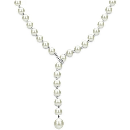 Sterling Silver 7-8mm White Freshwater Pearl Beaded Lariat Y Adjustable Necklace, 19.5