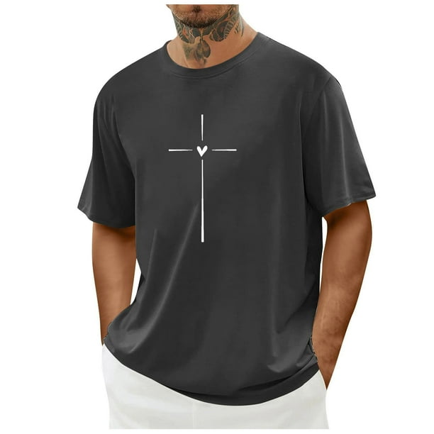 Tops para hombre, blusas y camisas de cuello redondo y manga corta para hombre. Camiseta/camisa informal de cuello redondo y manga corta con estampado de corazones para hombre. Tops de poliéster para