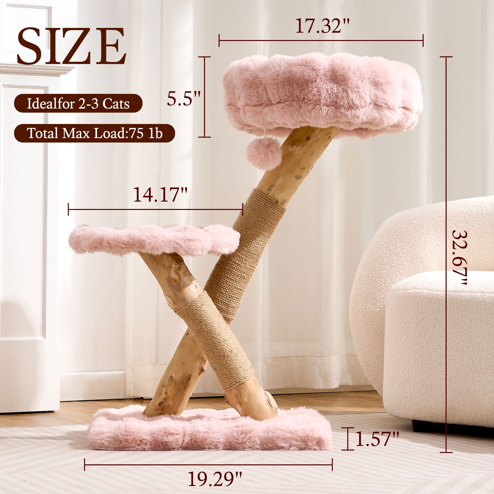HITTITE Natural Solid Wood Cat Tree Tower with Scratching Post, 32 Inches Tall Modern Cat Tower with Cozy Bed and Platforms, Luxury Real Branch Cat Tree for Indoor Cats Large Adult, Pink.