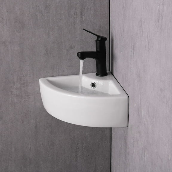 17.75" Wall Mounted Bathroom Porcelain Sink and Pop-Up Drainer White Triangular Style