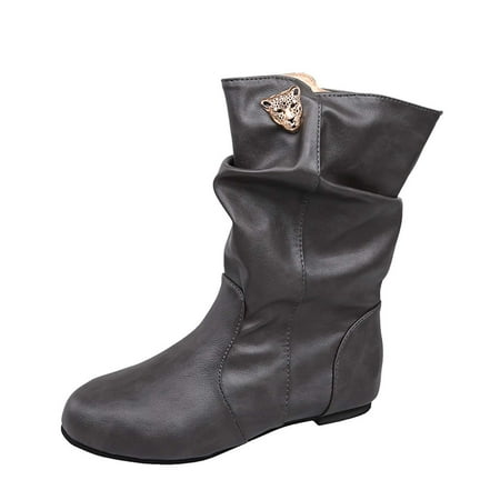 

Zedker Riding Boots for Women Boots for Women Knee High Wide Calf Leopard Head Mid Tube Round Head Comfortable Women s Boots Set Foot Pleated Mid Tube Boots