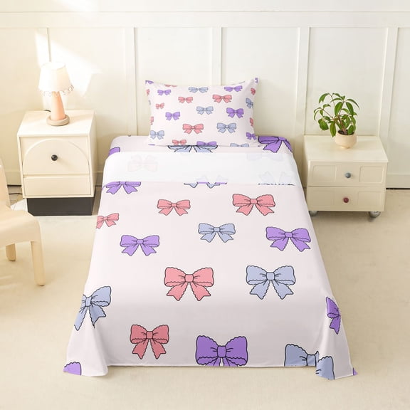 spefrowx Pastel Cartoon Bow Twin Sheets for Kids, Kawaii Princess Ribbon Bedding, 3pcs, 1 Flat Sheet, 1 Fitted Sheet and 1 Pillowcase