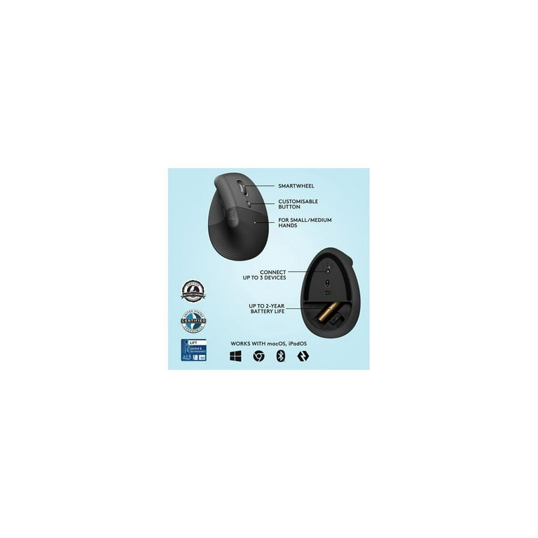 Logitech Lift Vertical Ergonomic Mouse, Wireless, Bluetooth or Logi Bolt  USB receiver - Graphite