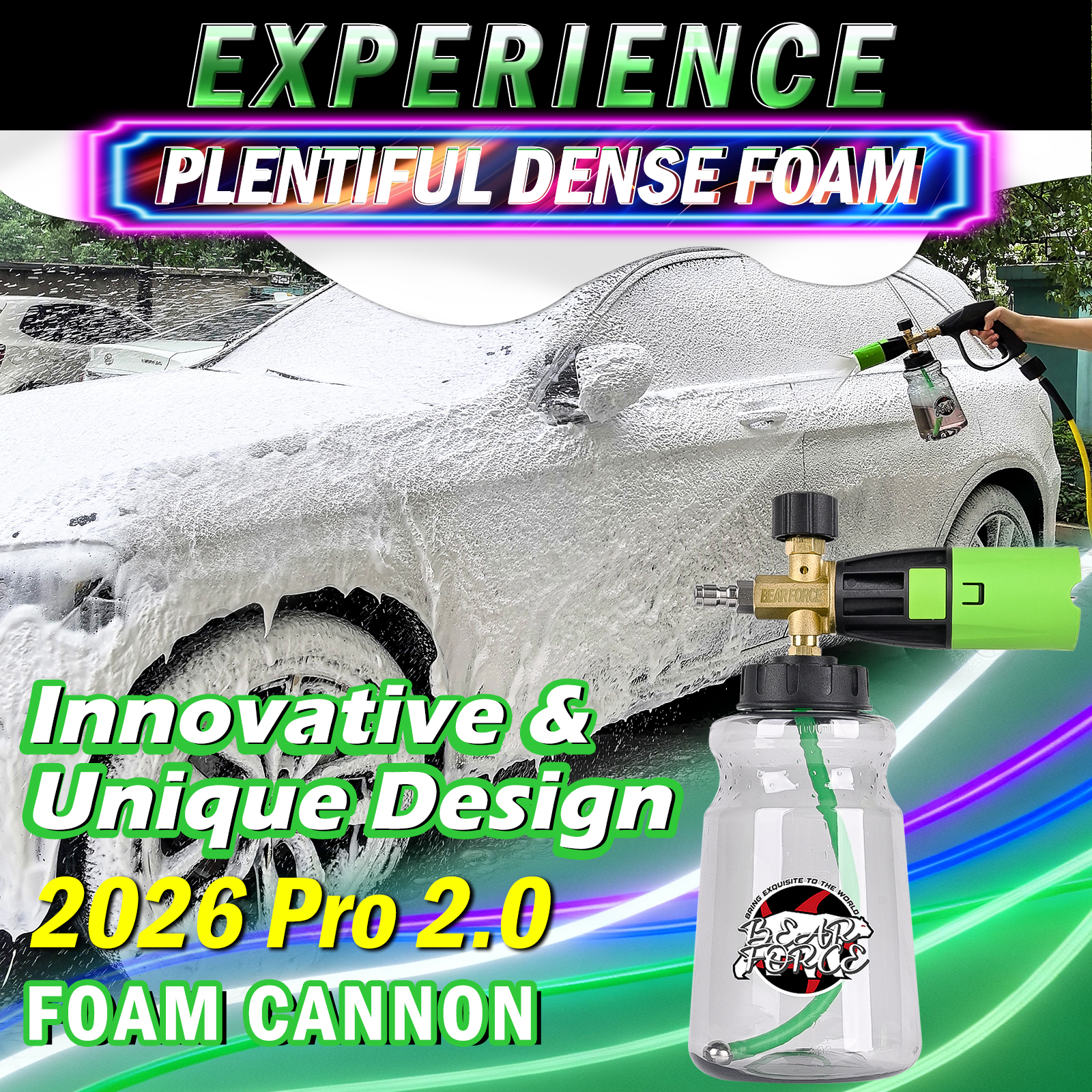 Bear Force Pressure Washer Brass Foam Cannon (Wide Mouth) – Car Wash Snow Foam Lance Pressure Washer Foam Sprayer for Car Washing with 360° Adjustable Thick Foam + 1/4 Quick Connector, 32oz Bottle