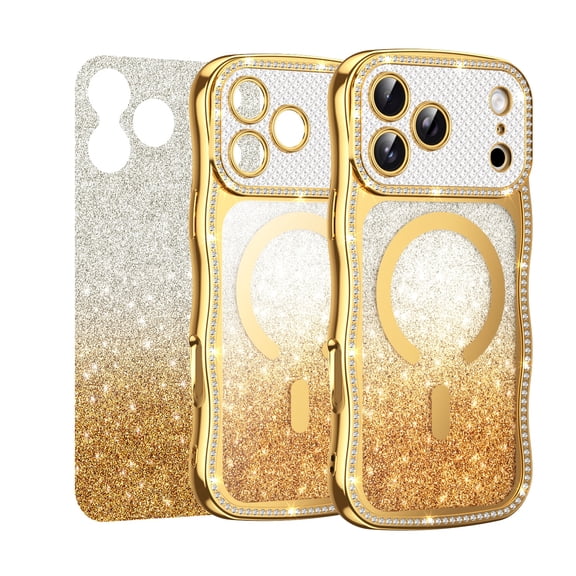 for iPhone 18 Pro Max Compatible with MagSafe Case, Sparkling Rhinestone Design, Wave-shaped Frame Stylish Glitter PC TPU Shockproof Anti-Scratch Ultra Slim Lightweight Phone Cover, Gold