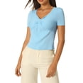 thumbnail image 1 of INSPIRE CHIC Women's Casual Knit Sweetheart Neck Short Sleeve Ribbed Tops Light Blue M, 1 of 5
