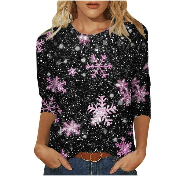 Womens Christmas Outfit Glitter Snowflake Shirt Womens Tops 3/4 Sleeve Round Neck Casual T Shirt Dressy Trendy Tops