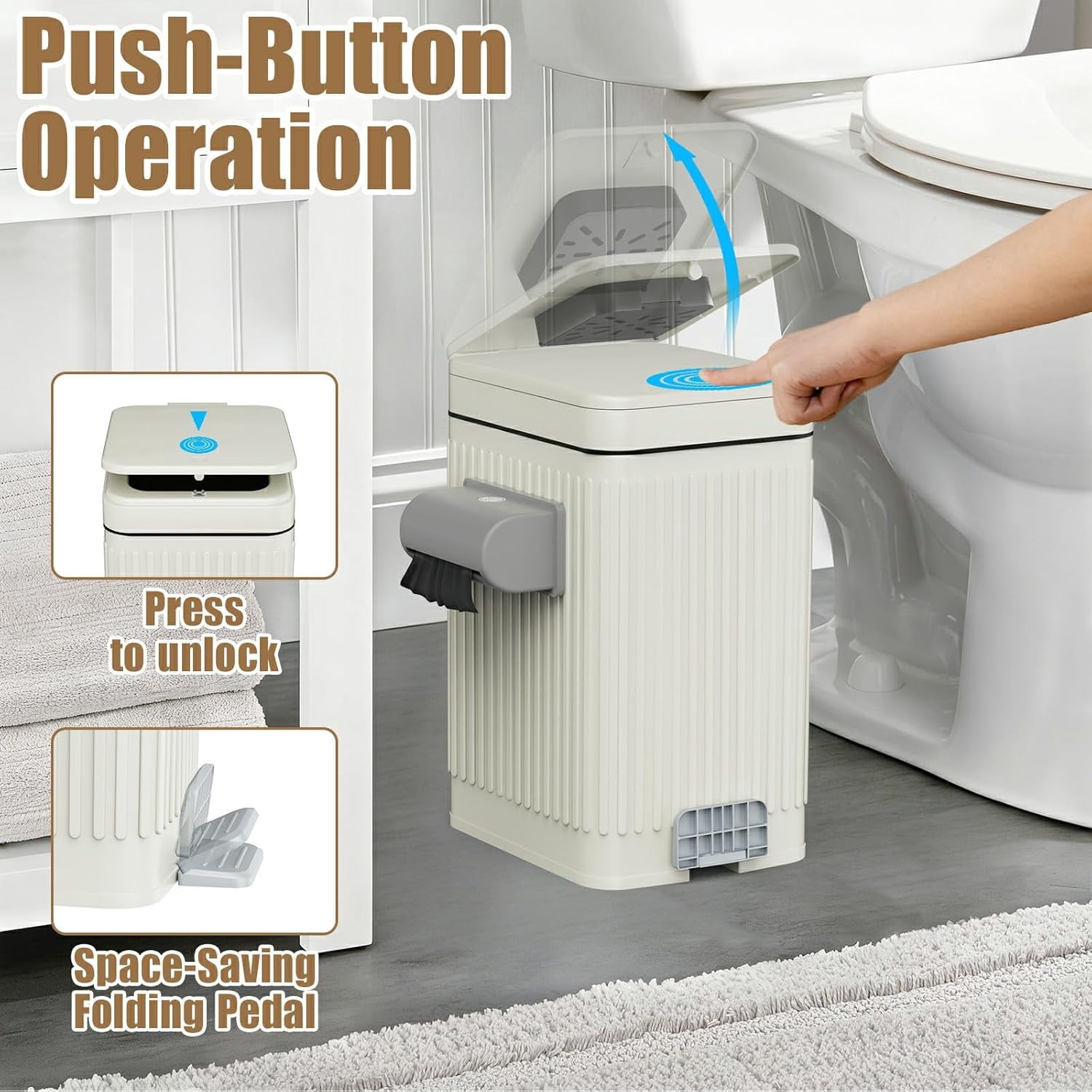 Dog Poop Trash Can for Outside & Indoor, 5L/1.3Gal Small Odor Control Pet Waste Bin with Carbon Filter, 2-Way Open (Step & Press Top), Dog Waste Container with Trash Bag Holder, White