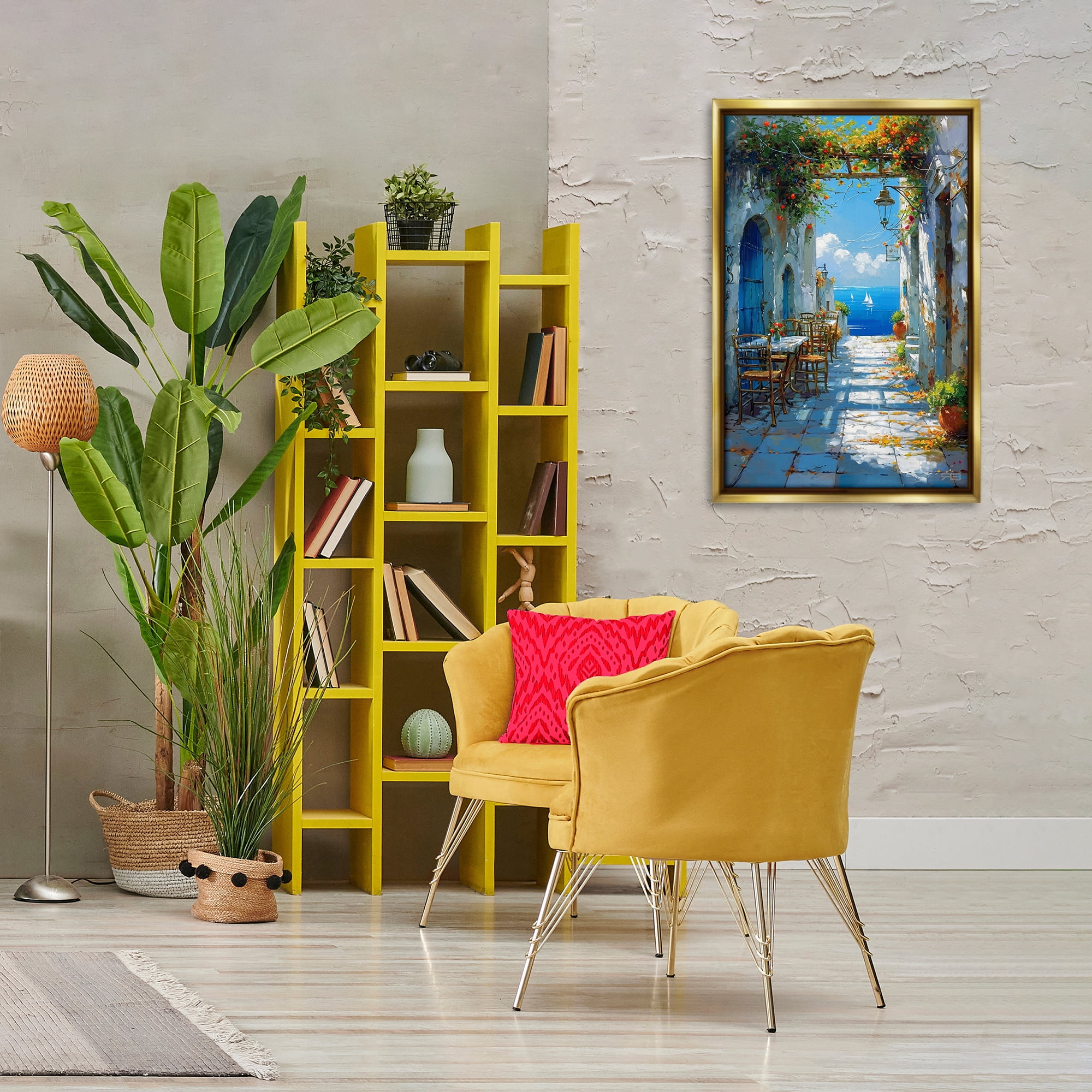 Stupell Industries Quaint Alley by Sea Cities & Countries Painting Gold Floater Framed Canvas Art Print Wall Art, 21 x 31
