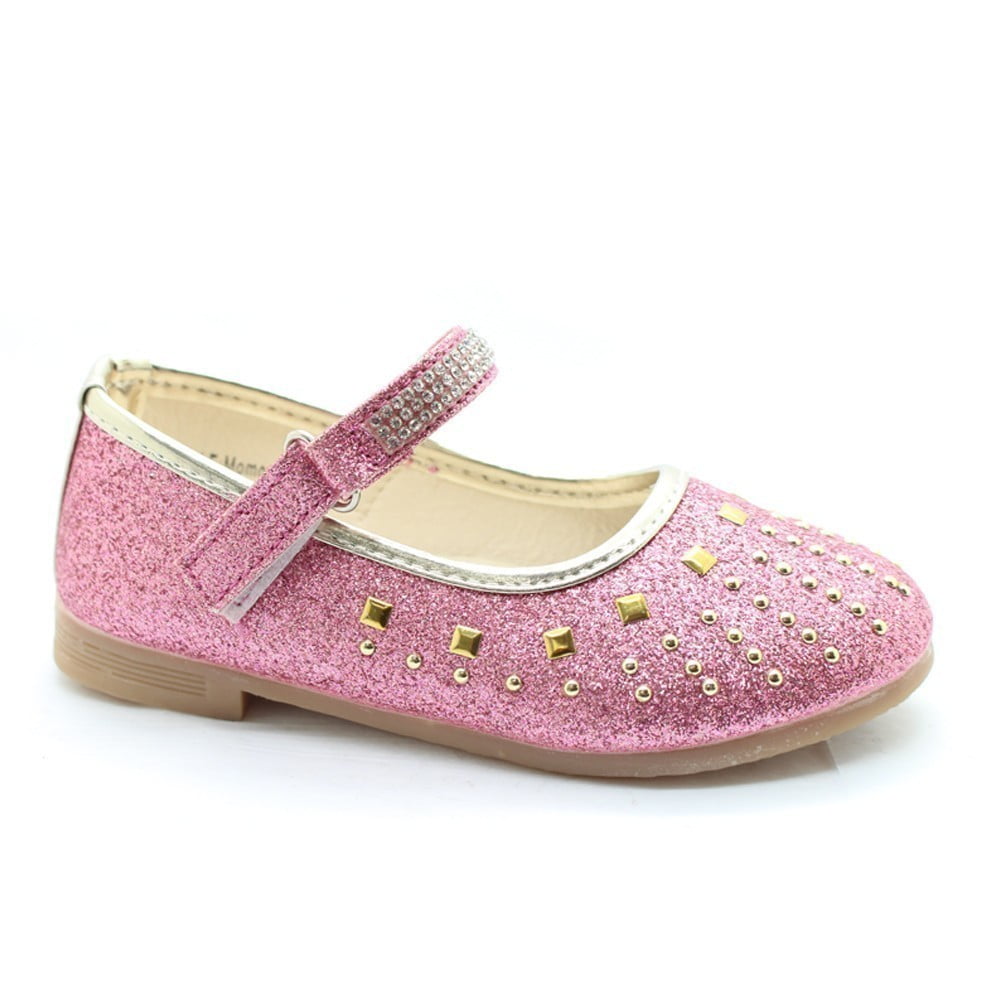 Bee Happy Little Girls Pink Glitter Studded Mary Jane Dress Shoes