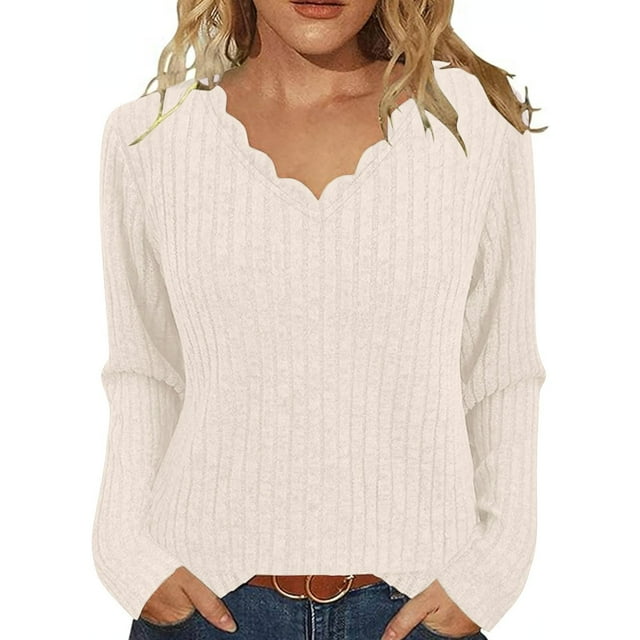 Sweaters for Women Ribbed Wave V Neck Slim Fitted Comfy Knit Casual Work Long Sleeve Shirts