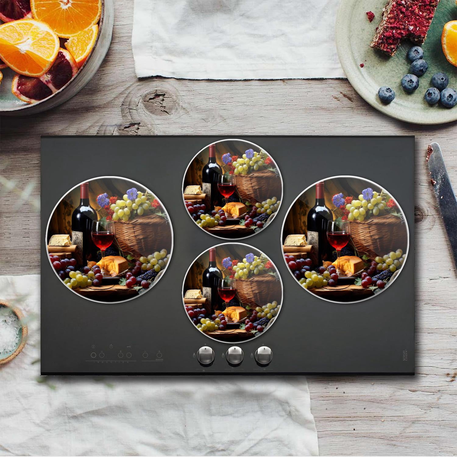 Bahomeck Gas Stove Burner Cover Set Of 4，Red Wine & Fruit Grapes And Apples Metal Stove Burner Covers，Electric Stove Burner Covers,Protecting Gas Stoves,Kitchen Decor，8 Inches And 66 Inches