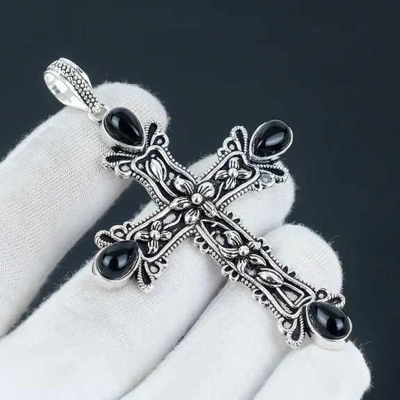 Black Onyx Cross Pendant 925 Sterling Silver Polished Handmade Gemstone Jewelry Love Gift