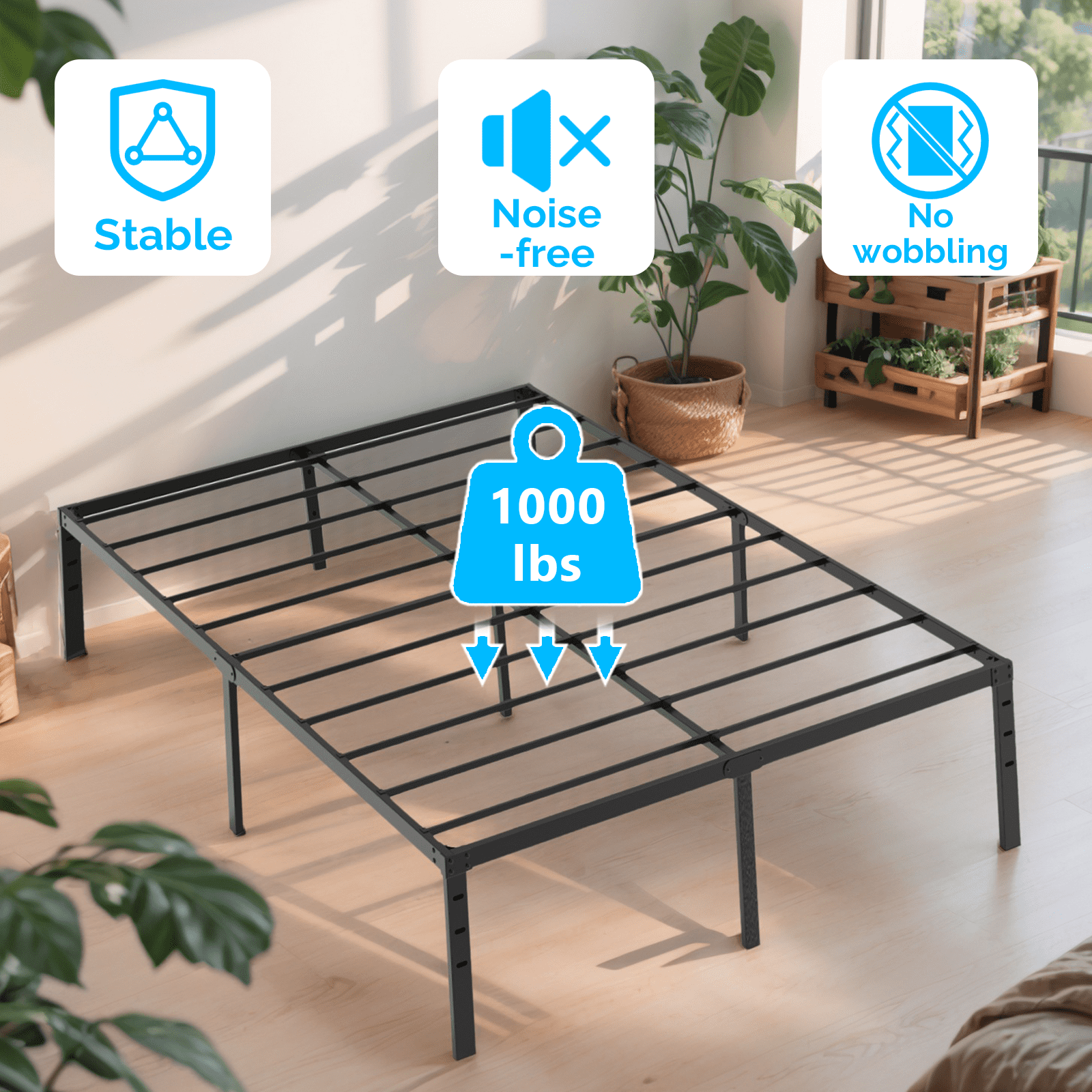 Full Size 14 Inch High Metal Platform Bed Frame Heavy Duty Steel Slat Support No Box Spring Required Noise-Free Underbed Storage Bed Base