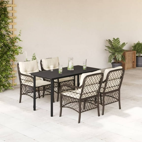vidaXL 5 Piece Patio Dining Set with Cushions Brown Poly Rattan