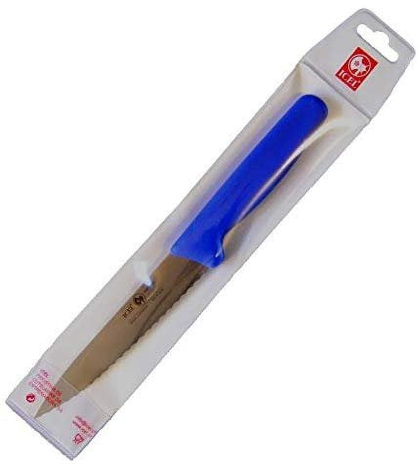 Icel Cutlery 5 1/2-inch Stiff Boning Knife, Extra Wide Serrated Blade, Blue Handle.