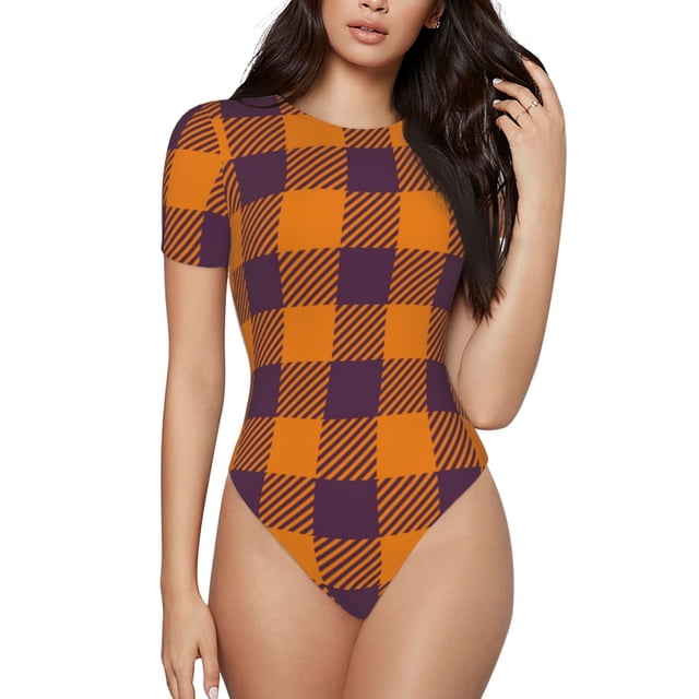 KLL Carreaux Buffalo d'Automne pour Femmes Justaucorps à Manches Courtes, Justaucorps Aguichant une Pièce Col Rond Justaucorps Gainant Contrôle du Ventre-Petit