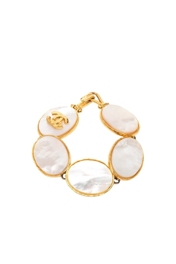 Pre-Owned Chanel Coco Mark Bangle, Gold and White Plated, Women's CHANEL