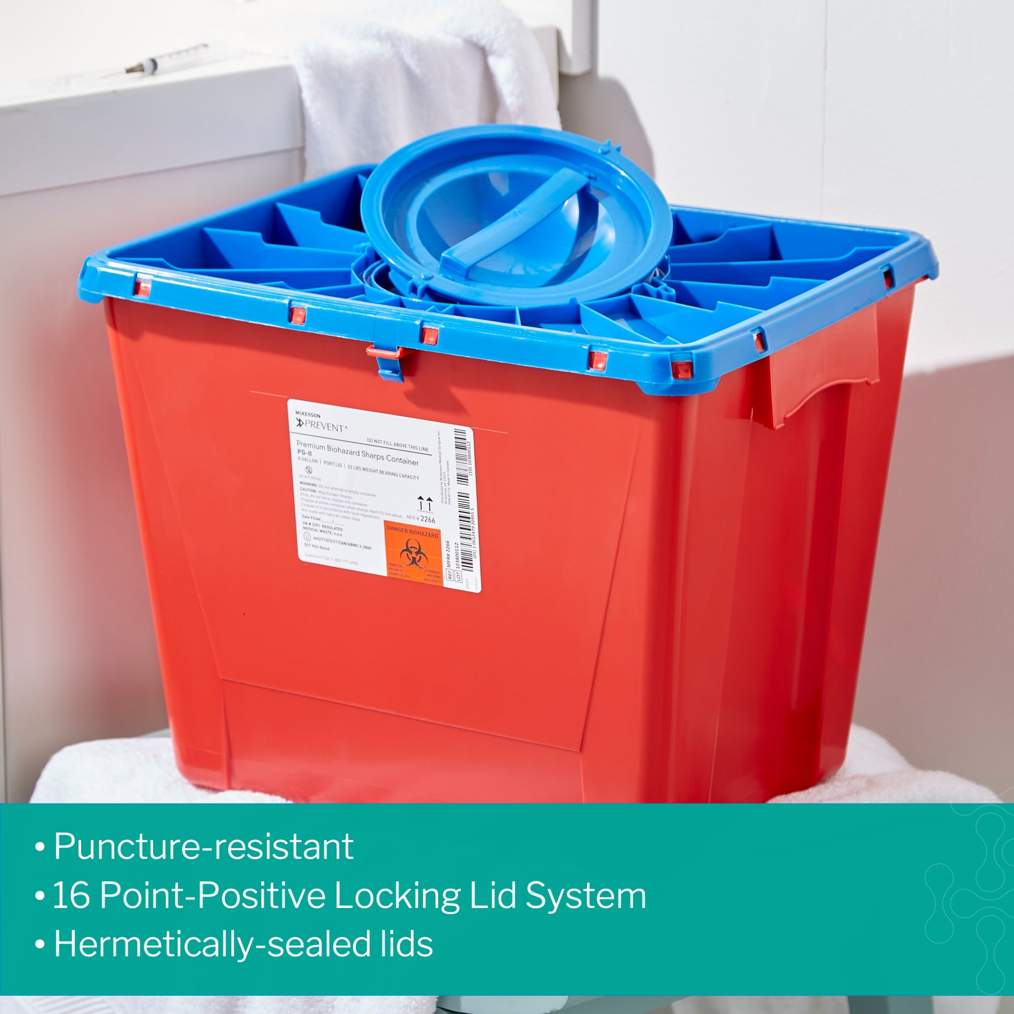 McKesson Biohazard Sharps Container, Puncture-Resistant Lockable Bin - Red, 8 gal, 9 Ct