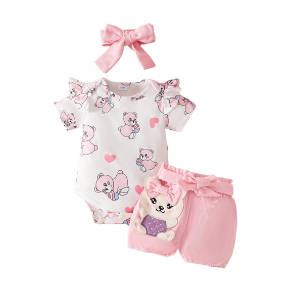 Ulanda Baby Girl Clothes Summer Outfits Set Ruffle Sleeve Romper and Floral Shorts with Headband (Pink, 12-18 Months)