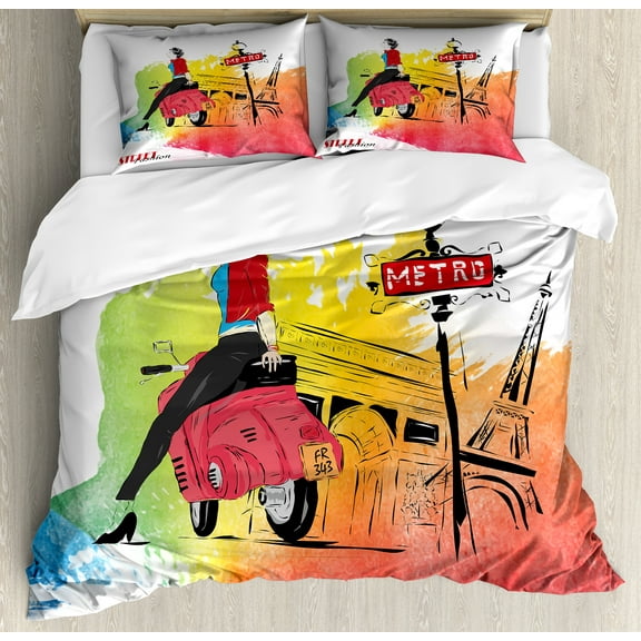 Retro Duvet Cover Set, Woman on a Pink Motorcycle Trend Vogue Fashion in Paris Eiffel Tower Art Print, Decorative 3 Piece Bedding Set with 2 Pillow Shams, King Size, Orange and Red, by Ambesonne