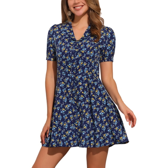 Vestido de camisa de manga corta con estampado floral para mujer INSPIRE CHIC, por encima de la rodilla, color azul oscuro