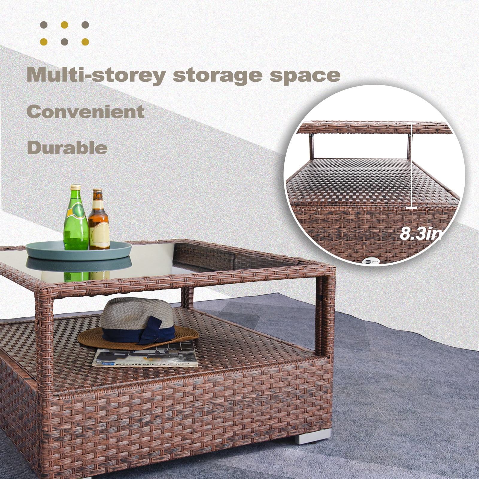 DIMAR GARDEN Outdoor Wicker Coffee Table with Glass top and Storage, Mixed Brown