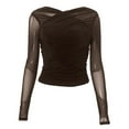 thumbnail image 4 of NINGMENG Womens Tops Solid Color Spring Mesh Sexy V Neck Pleated Long Sleeve Tops Pullover T Shirts Holiday Wear,Brown,L, 4 of 5