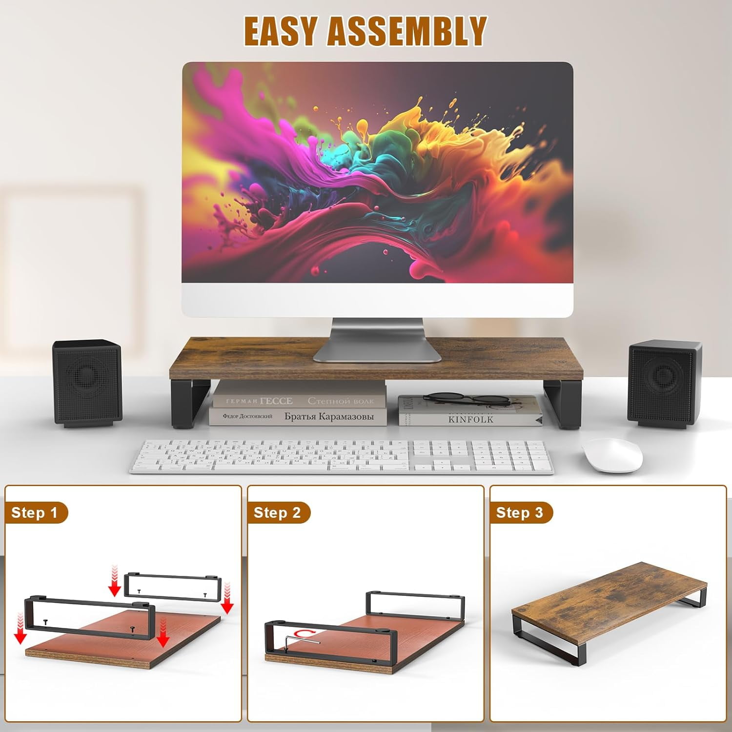 Monitor Stand for Desk, Wood & Steel Computer Stand Riser with Storage Organizer for Office Laptop, PC, Printer 24x12 inch