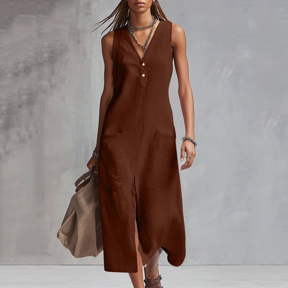 QUNYINEY Cotton Linen Sun Dresses Women Sleeveless Solid Summer Long Tank Dress Loose Fit Casual V Neck with Slit Pockets Dresses