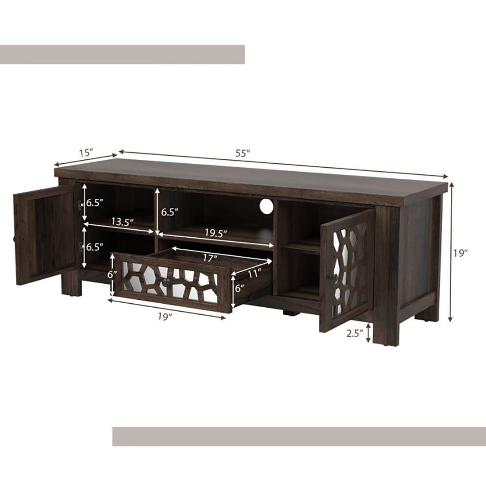 Finihen TV Stand, 55 Inch Retro TV Stand Media Entertainment Center with Mirror Doors and Drawer, for Living Room, Dark Brown