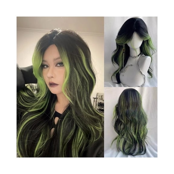 Synthetic Long Wavy Black Ombre Green Layered Wig Middle Part Fluffy Women Wig for Daily Party