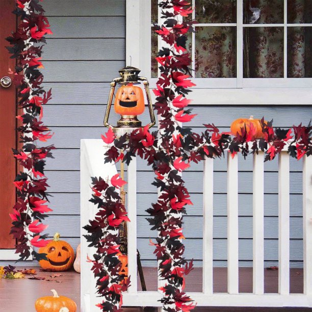 Guirnalda colgante de hojas de arce de Acción de Gracias | Enredadera de ratán negra de Halloween | Vegetación artificial de 10 pies | Decoración festiva de pared otoñal | Enredadera de plástico