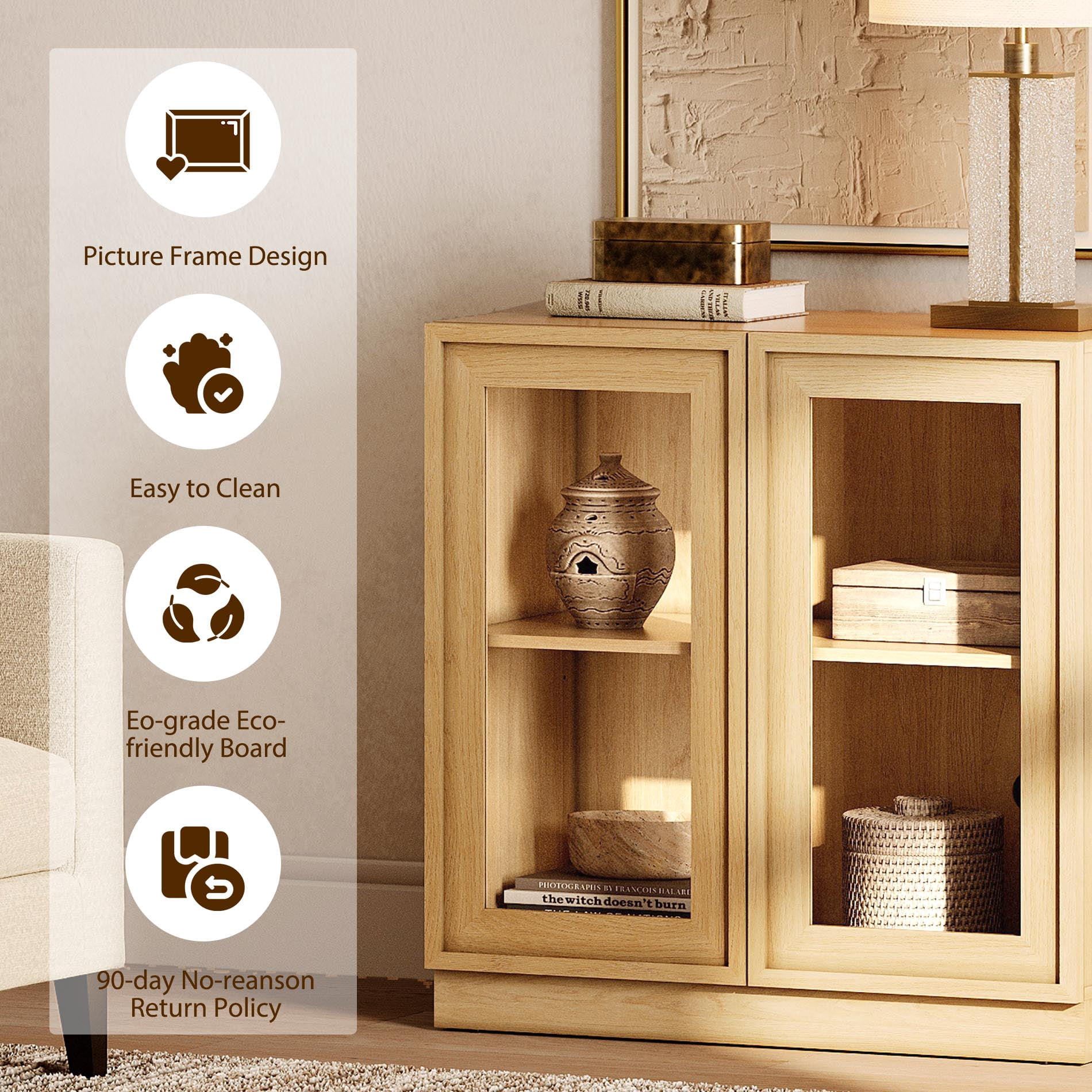 31.5" Modern Sideboard Buffet Cabinet with 2 Glass Doors, Multifunctional Sideboard with Large Storage and Adjustable Shelf, Oak